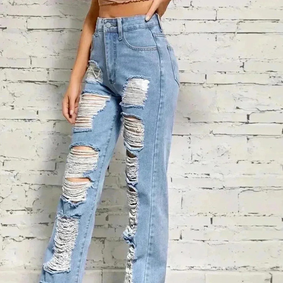 Loose Fit Straight Ripped Holes Denim Pants (Color: Light Blue) - Picture 2 of 2